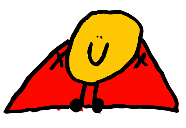 Smiley Man, a yellow round face with a red cape, drawn by hand